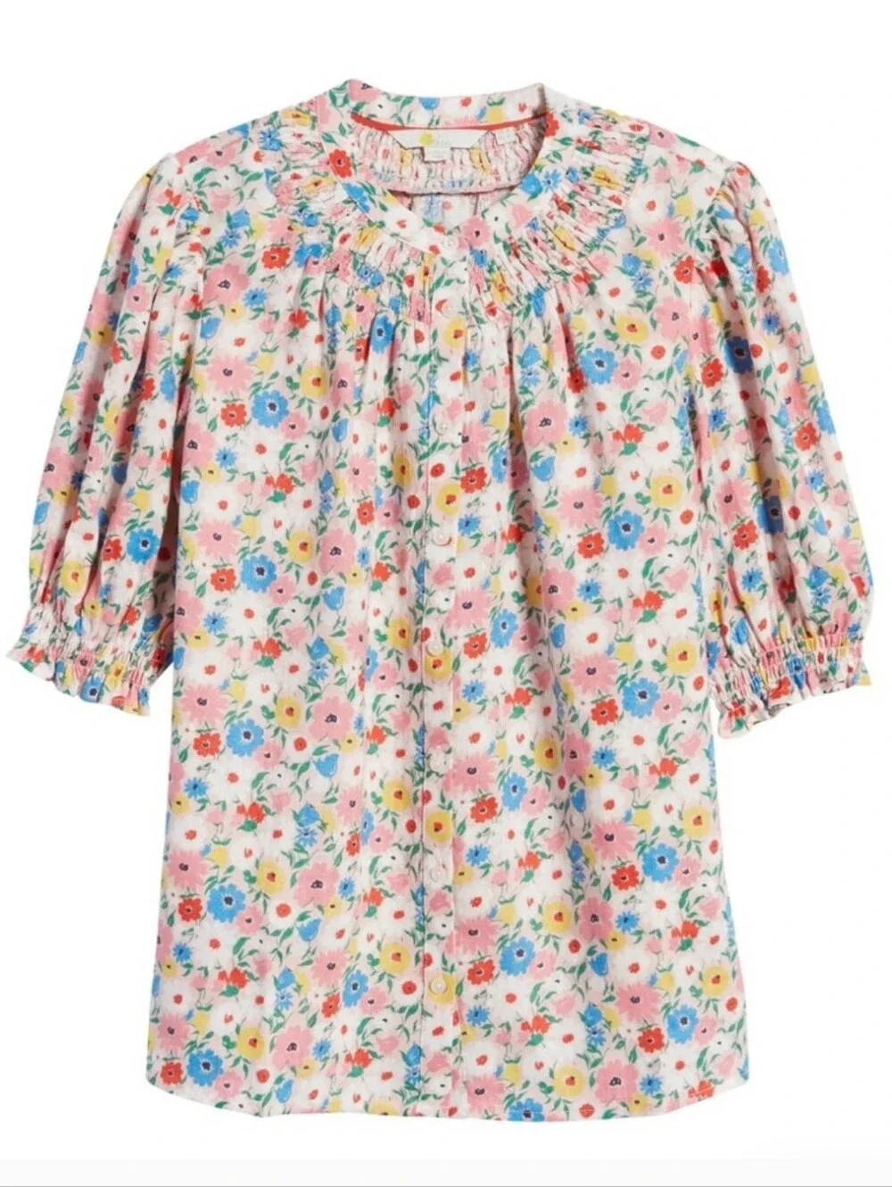 Boden Linen Floral Smocked Blouse Puff Short Sleeve Top Multicolor Size 10